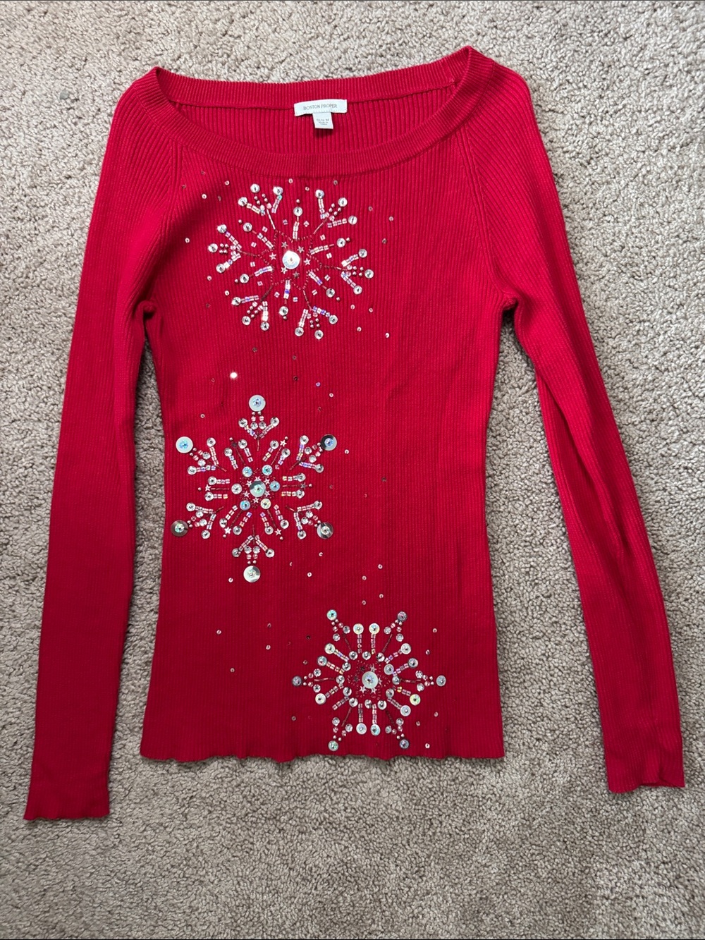 Boston Proper Red Embellished Ribbed Scoop-Neck Sweater